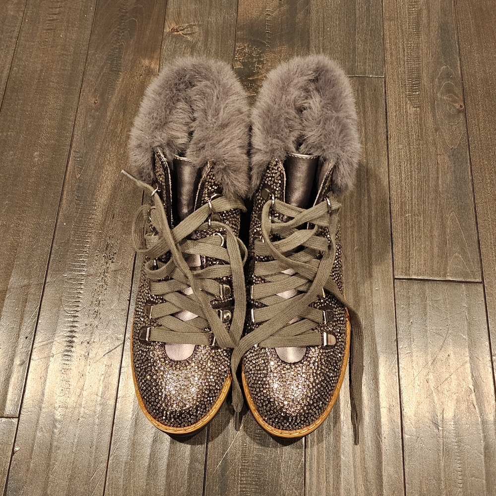 INC International Concepts Gray Sparkle Lace-Up Faux Fur Boot Sneakers